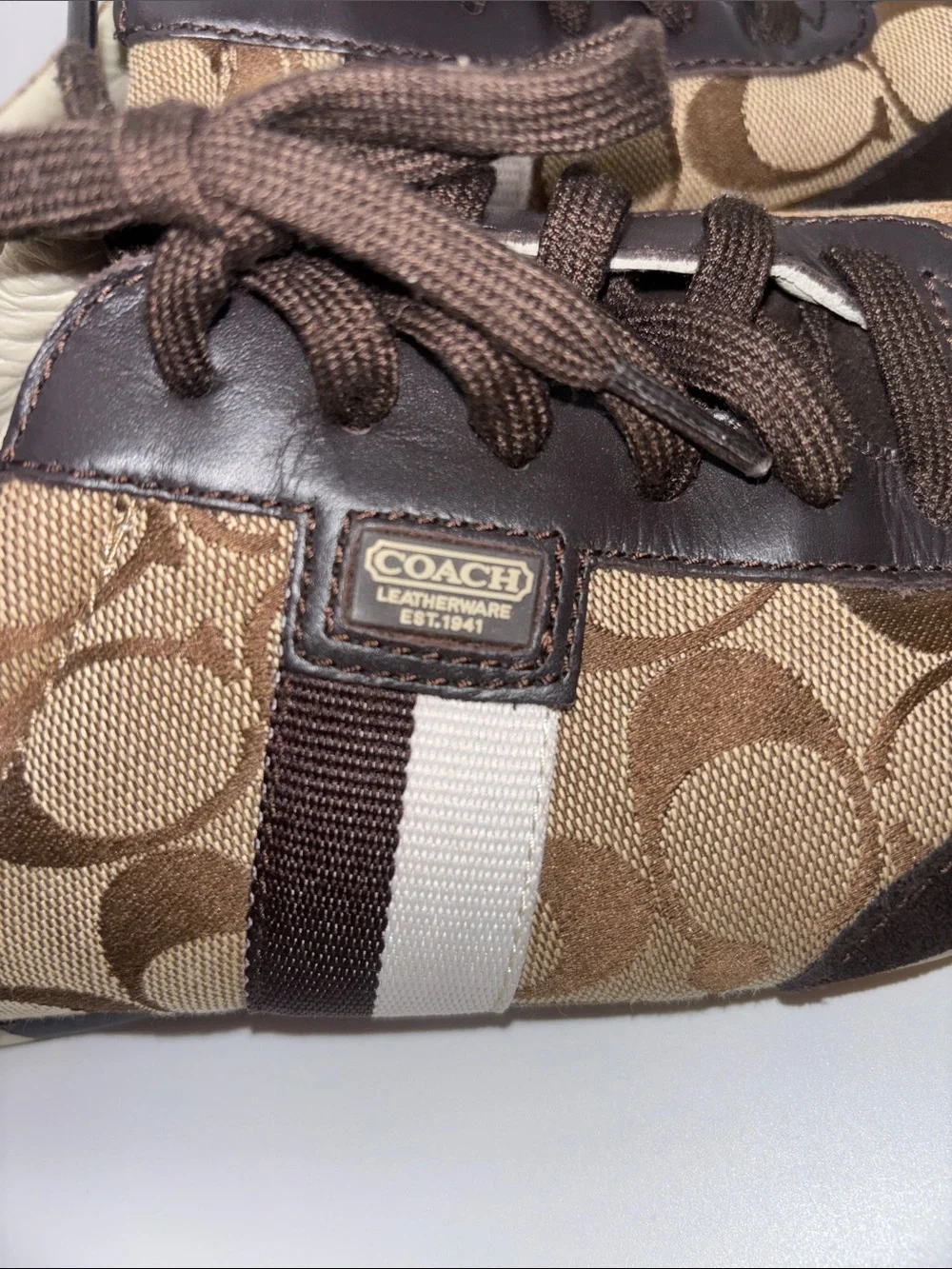 Coach Brown & Cream Monogram Lace-Up Sneakers